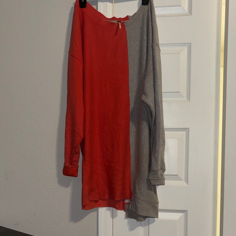Free People Two-Tone Red and Gray Split Sweater OVERSIZED